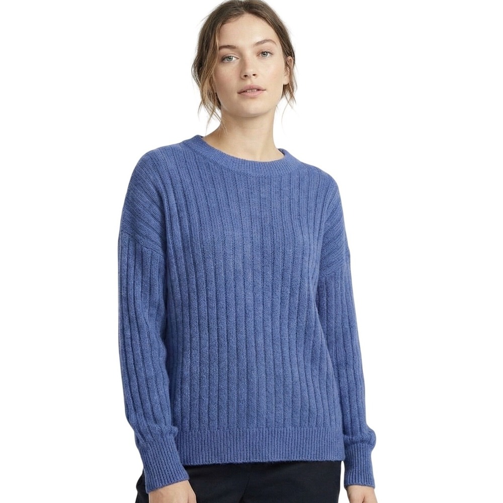 Aerie Sweater Womens Small Blue Ribbed Knit Fuzzy Crewneck Pullover Soft Cozy